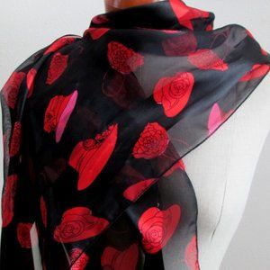 RED HAT SCARF w SHEER STRIPES, BLACK BACKGROUND, LONG: 60 x 13" LOVELY!